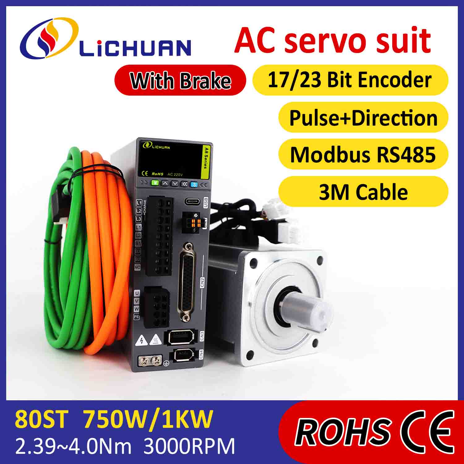 Lichuan AC Servo Motor Drivers Kit A8 ຄວາມຖືກຕ້ອງສູງ STO ABZ 1000W 1KW 3.2N.m 220V 5.8A 2500/3000RPM IP65