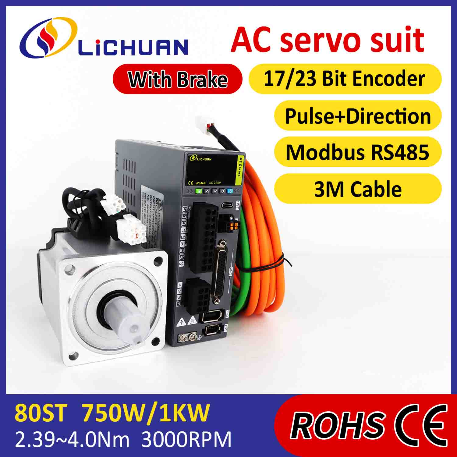 Lichuan AC Servo Motor Drivers Kit A8 ຄວາມຖືກຕ້ອງສູງ STO ABZ 1001W 1KW 4.0N.m 220V 4.6A 2500/3000RPM IP65