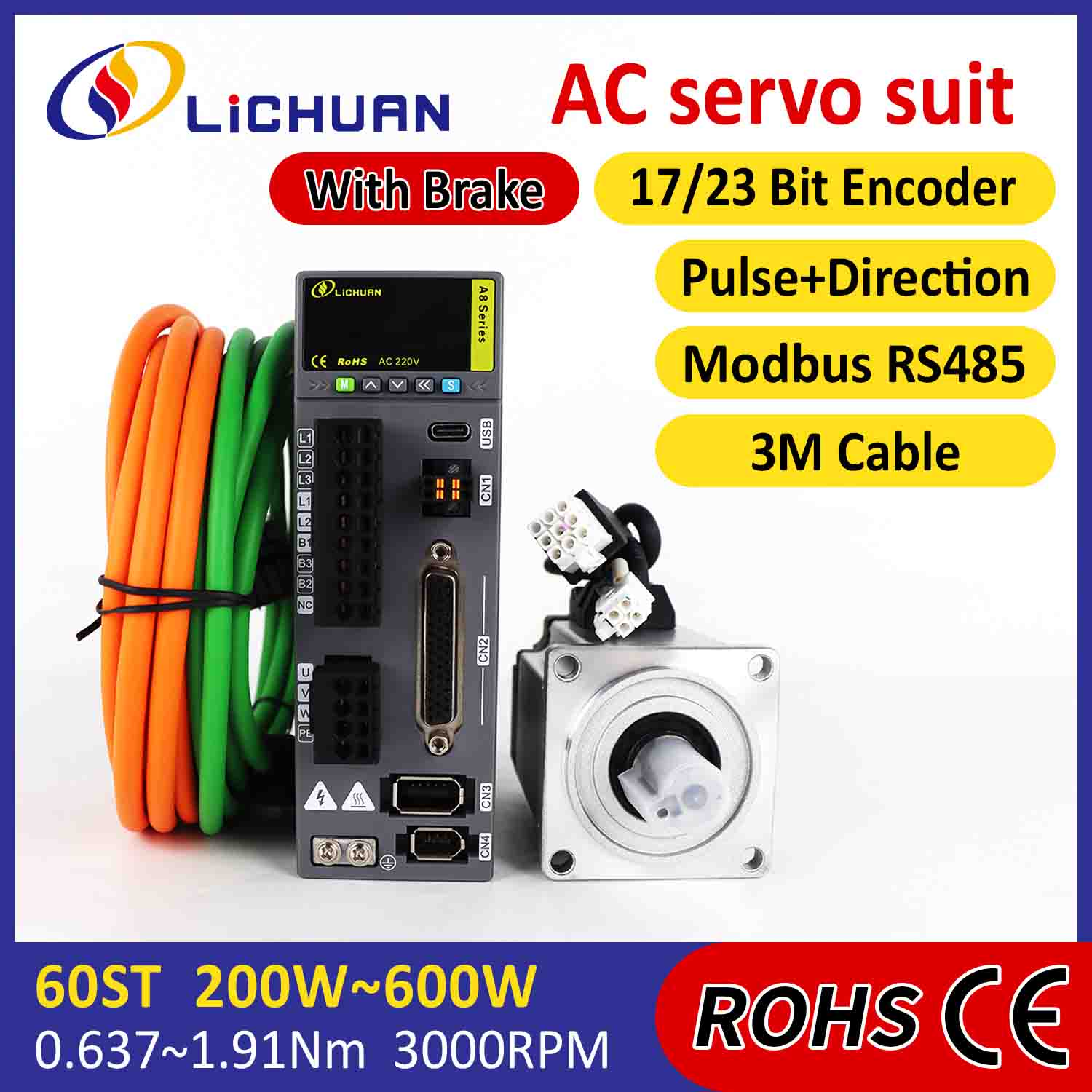 Lichuan AC Servo Motor Drivers Kit A8 ຄວາມຖືກຕ້ອງສູງ STO ABZ 200W 0.637N.m 220V 1.6A 3000RPM IP65