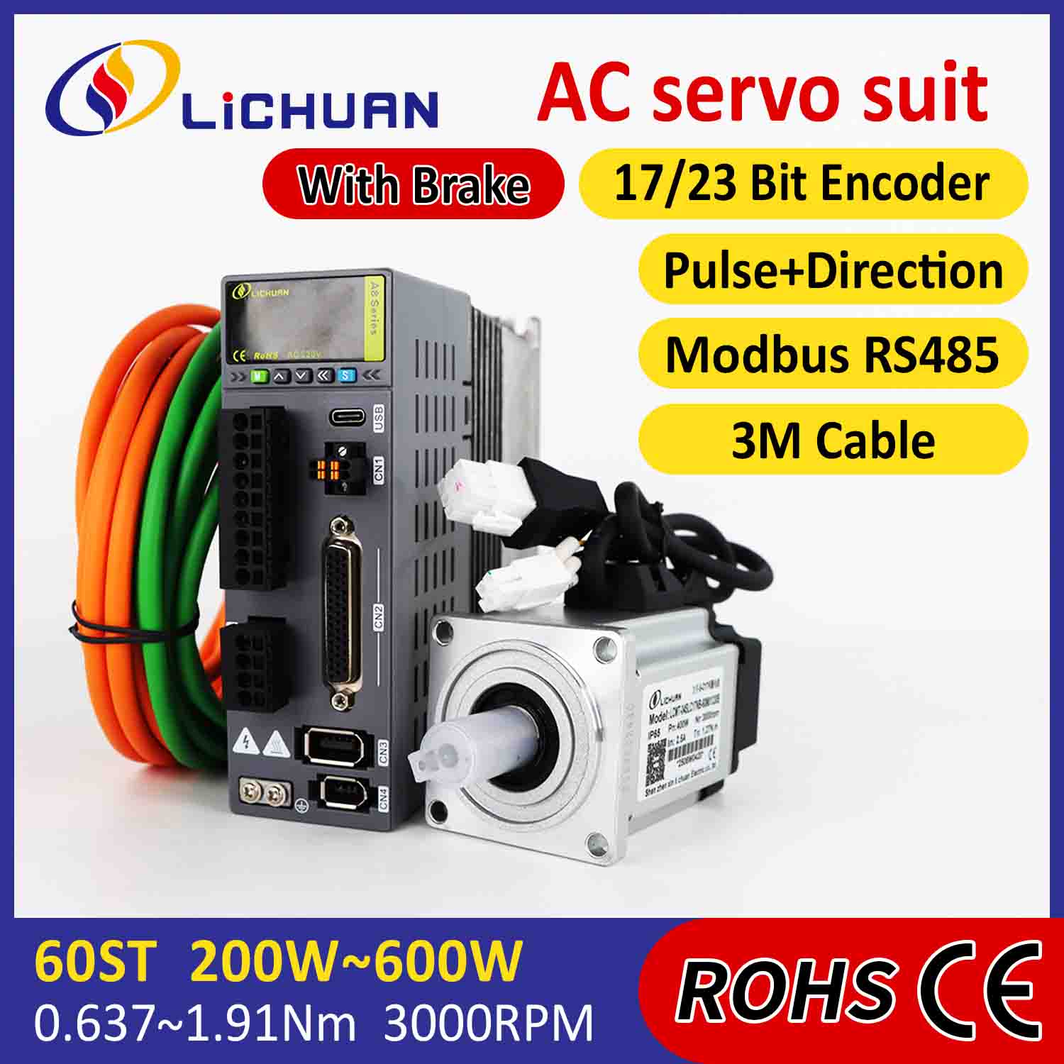 Lichuan AC Servo Motor Drivers Kit A8 ຄວາມຖືກຕ້ອງສູງ STO ABZ 400W 1.27N.m 220V 2.5A 3000RPM IP65