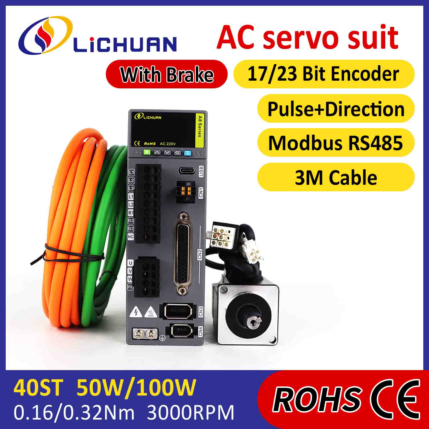 Lichuan AC Servo Motor Drivers Kit A8 ຄວາມຖືກຕ້ອງສູງ STO ABZ 50W 0.16N.m 220V 0.8A 3000RPM IP65