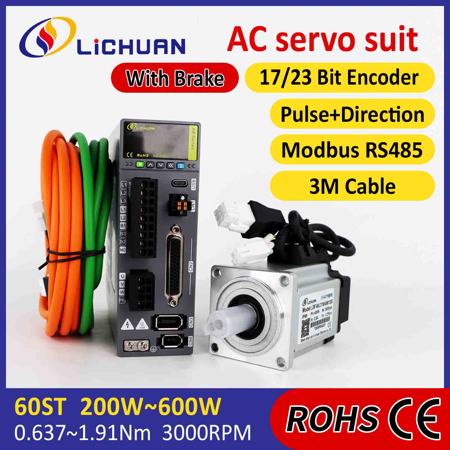 Lichuan AC Servo Motor Drivers Kit A8 ຄວາມຖືກຕ້ອງສູງ STO ABZ 600W 1.91N.m 220V 3.3A 3000RPM IP65