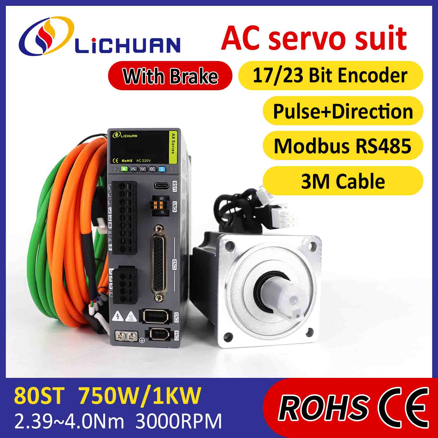 Lichuan AC Servo Motor Drivers Kit A8 ຄວາມຖືກຕ້ອງສູງ STO ABZ 750W 0.75KW 2.39N.m 220V 4.5A 2500/3000RPM IP65