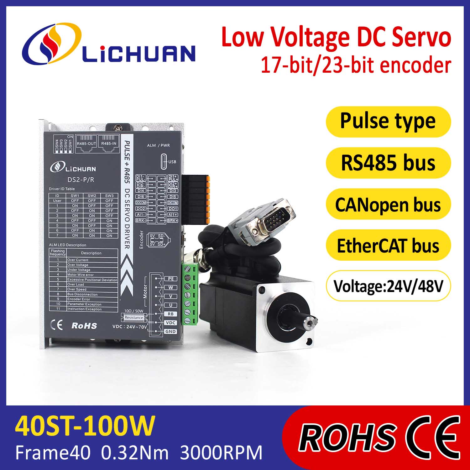 ກໍາມະຈອນ / RS485 / Canopen / ethercat 40 ດອກມີຄວາມດັນຕ່ໍາ 100w ຕ່ໍາ voltage dc servo dc servo cevo motor